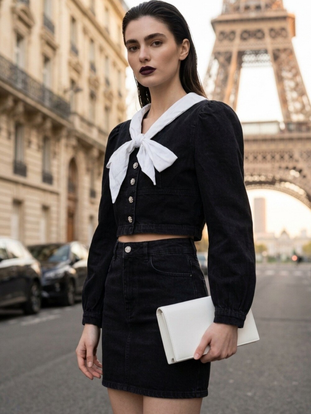 Black Demin Cropped cardigan with detachable white collar